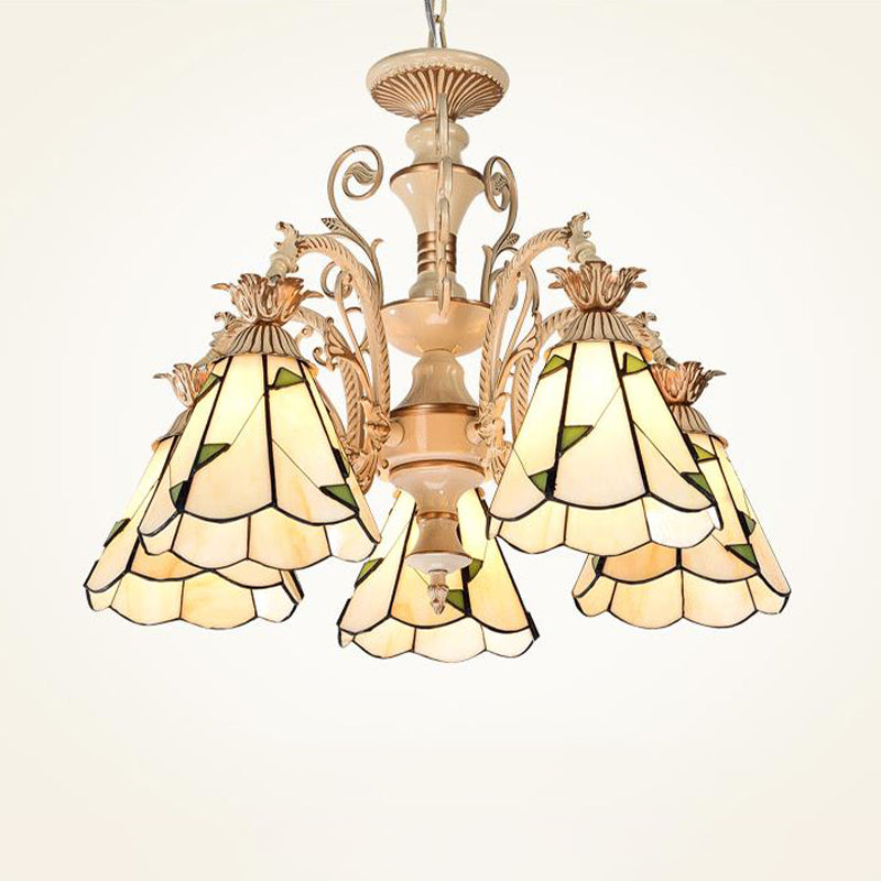 3/5 Lights Chandelier Lighting Fixture Baroque Stained Glass Drop Lamp in White and Gold