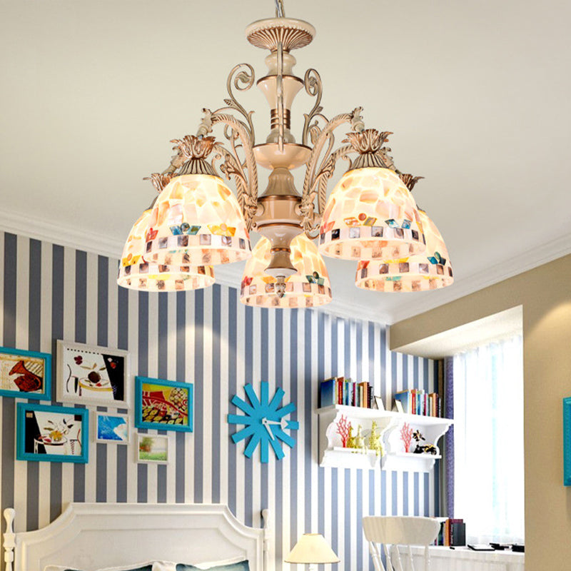 White and Gold 3/5 Lights Chandelier Pendant Light Tiffany Style Stained Glass Mosaic Hanging Lamp Kit