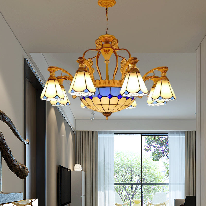 31.5"/37.5" Wide Cone Stained Glass Pendant Chandelier Baroque Style 8/11 Lights White/Blue Suspension Lighting