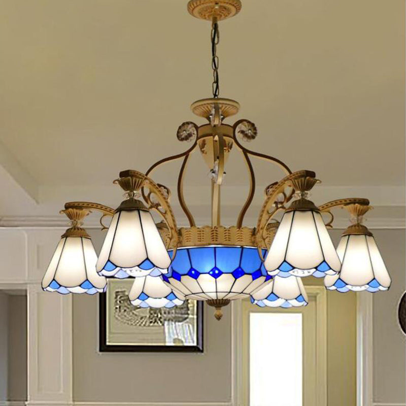 31.5"/37.5" Wide Cone Stained Glass Pendant Chandelier Baroque Style 8/11 Lights White/Blue Suspension Lighting