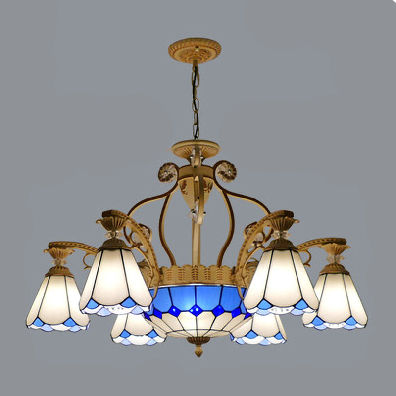 31.5"/37.5" Wide Cone Stained Glass Pendant Chandelier Baroque Style 8/11 Lights White/Blue Suspension Lighting