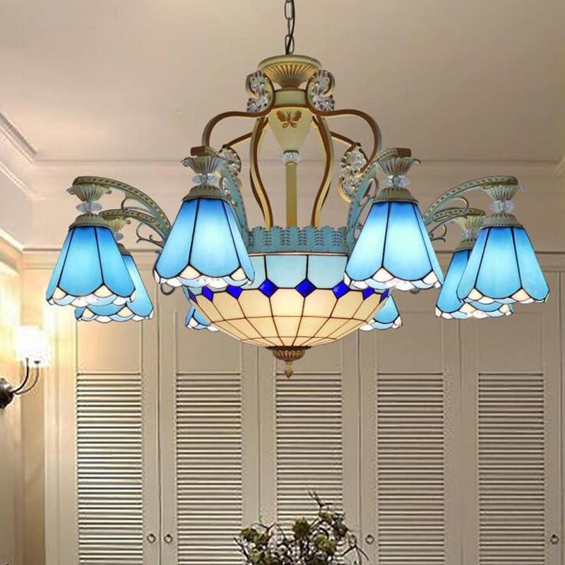 31.5"/37.5" Wide Cone Stained Glass Pendant Chandelier Baroque Style 8/11 Lights White/Blue Suspension Lighting