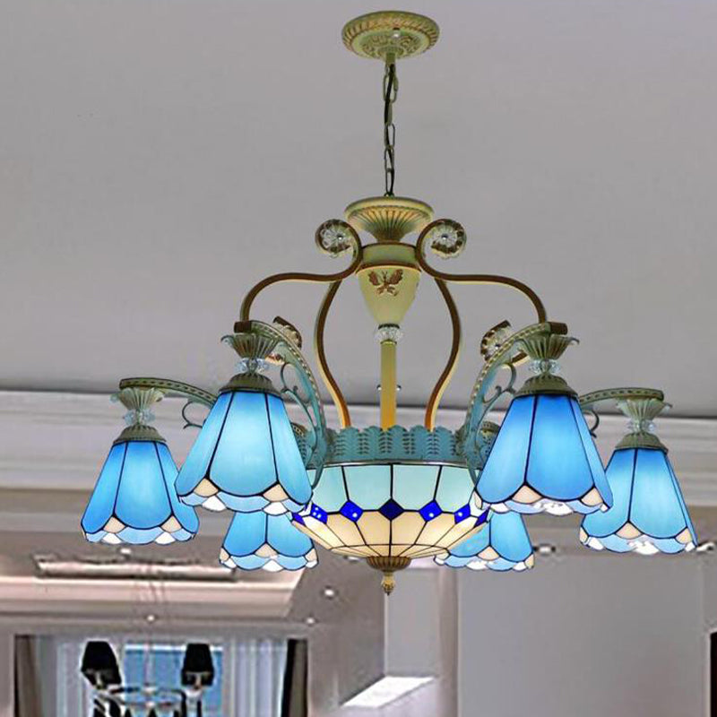 31.5"/37.5" Wide Cone Stained Glass Pendant Chandelier Baroque Style 8/11 Lights White/Blue Suspension Lighting