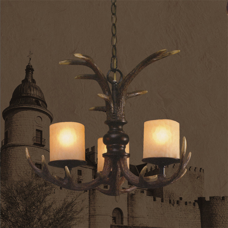 Brun 3/5 Bulbes Plafond lustre Rustique blanc givré verre cylindrique suspension pendante avec décoration de résine de bois de bois
