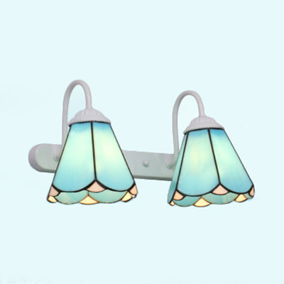 2 Heads Vanity Lighting Fixture Tiffany Cone White/Blue Glass Wall Mounted Light for Bedroom