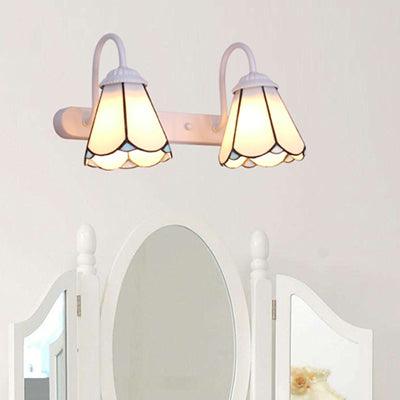 2 Heads Vanity Lighting Fixture Tiffany Cone White/Blue Glass Wall Mounted Light for Bedroom