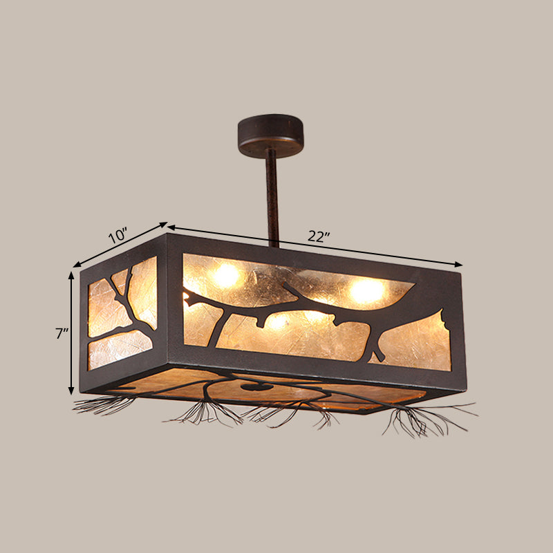 6 cabezas Semi Flush Mount Cottage Rectangle Metal cerca de la luz del techo en óxido con tono de lámina de mica