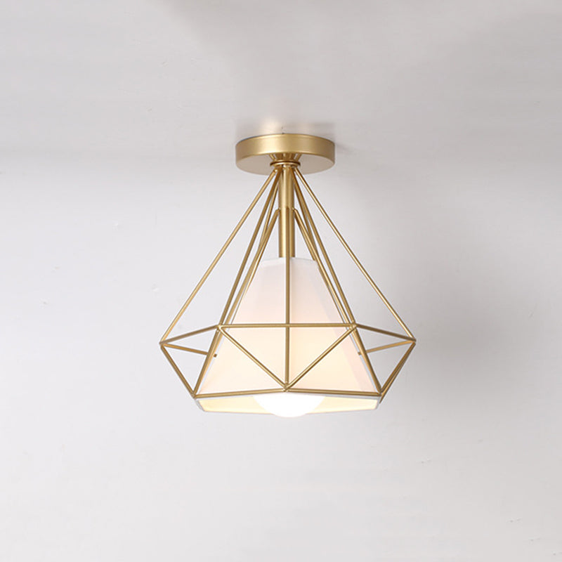 Diamond Cage Semi Flush Mount Light Fixture Industrial Iron Ceiling Mounted Fixture for Corridor