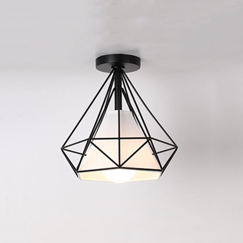 Diamond Cage Semi Flush Mount Light Fixture Industrial Iron Ceiling Mounted Fixture for Corridor