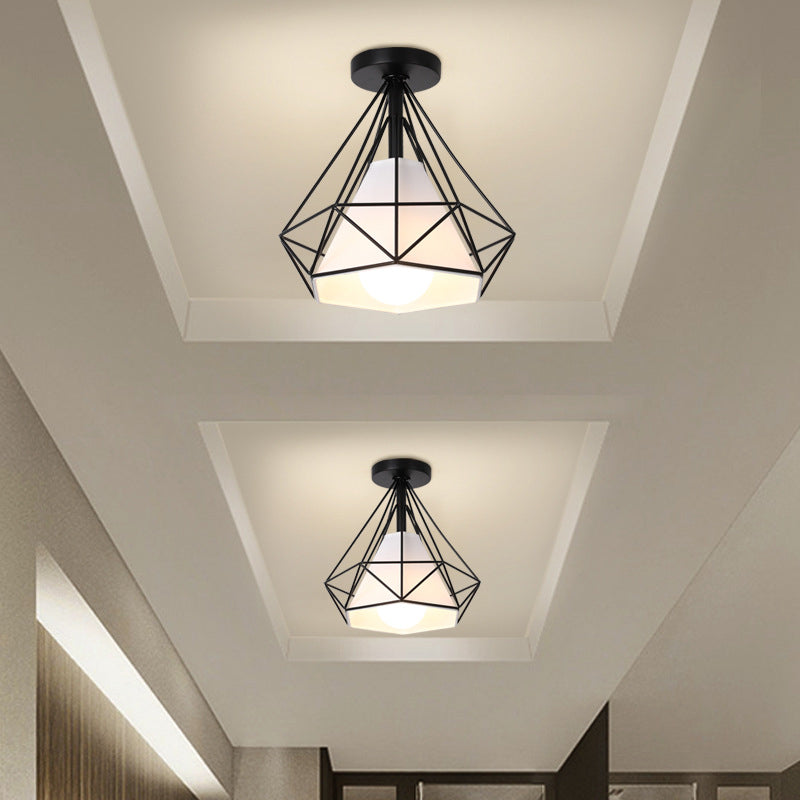 Diamond Cage Semi Flush Mount Light Fixture Industrial Iron Ceiling Mounted Fixture for Corridor