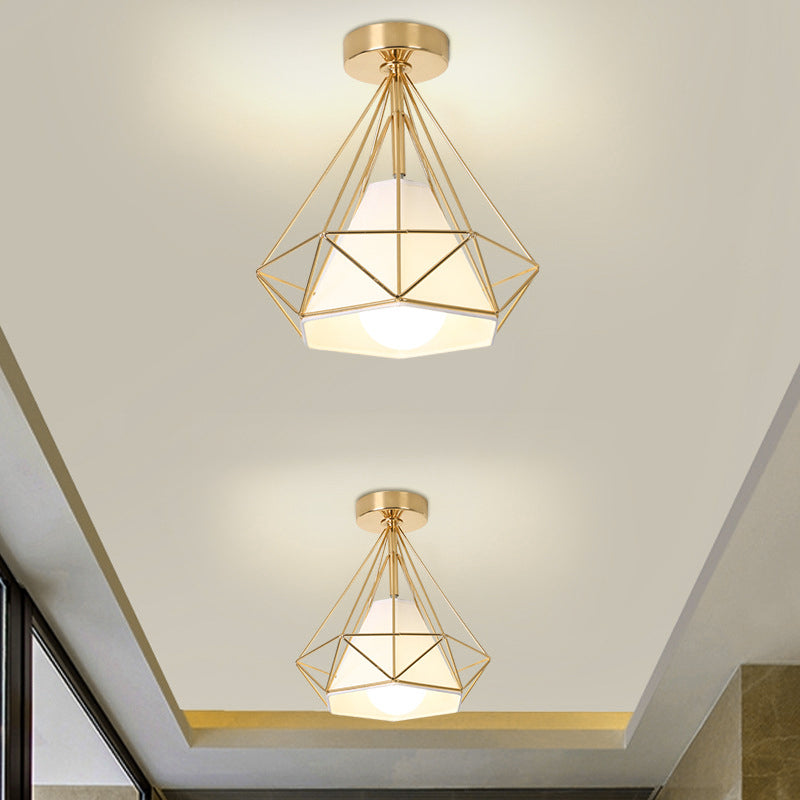 Diamond Cage Semi Flush Mount Light Fixture Industrial Iron Ceiling Mounted Fixture for Corridor