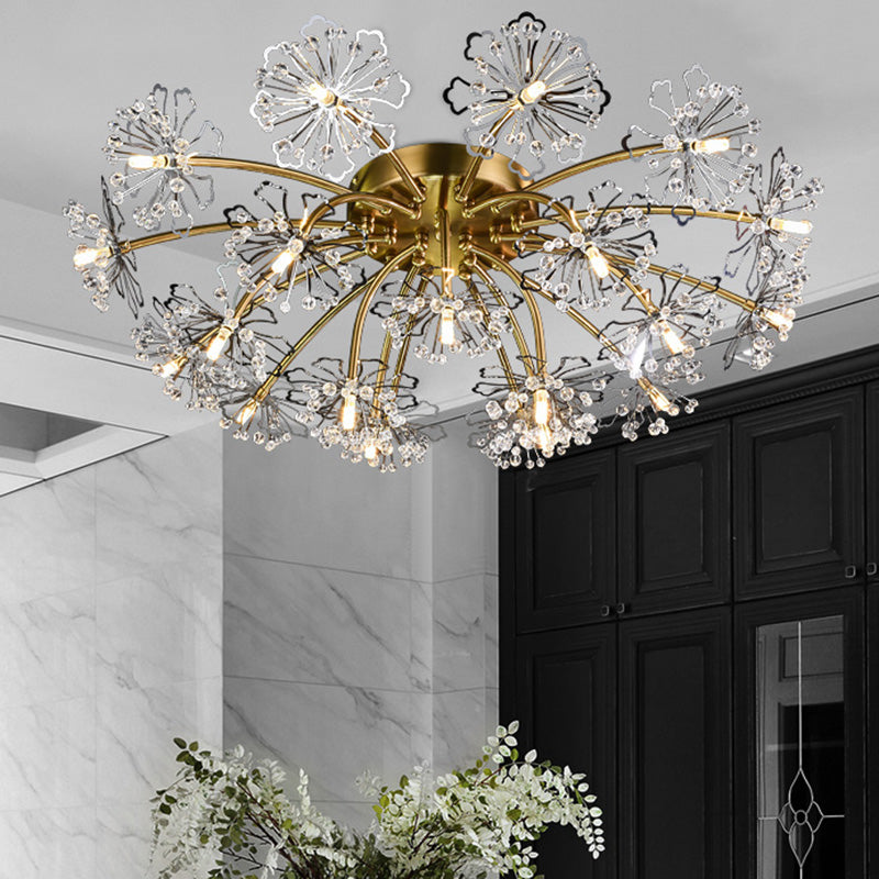 Gold Dandelion Semi Flush Mount Postmodern Crymodern Crystal 21 luces Luces de comedor Iluminación de techo