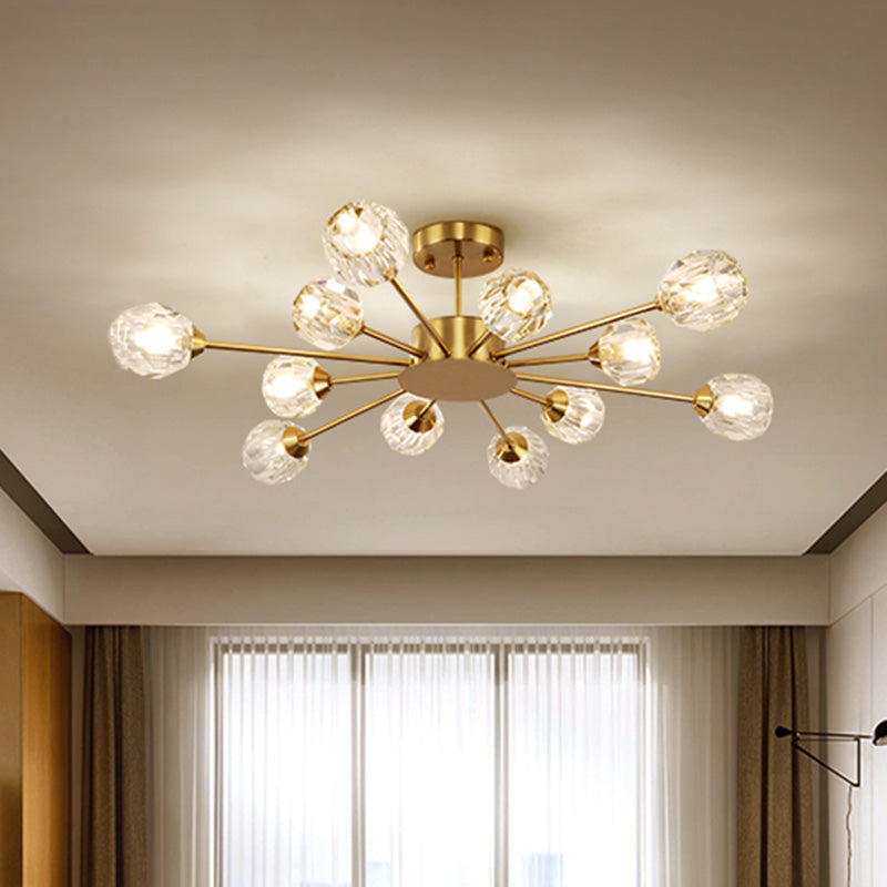 Cristal d'ébullition à l'or à facettes multiples Sputnik 12 Heads Postmoderne Semi-Flush Mount Light Fixture