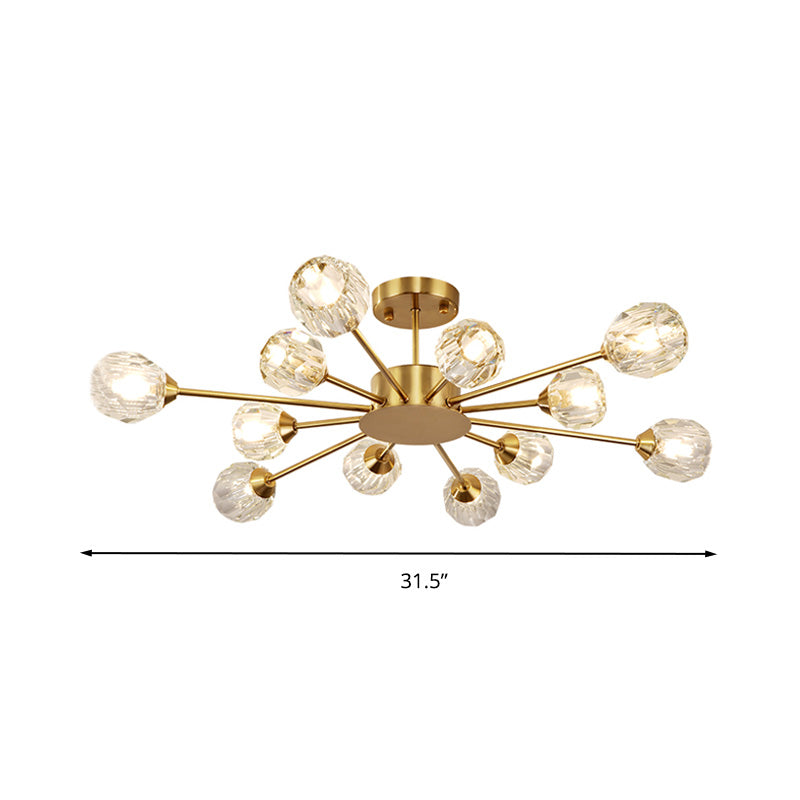 Cristal d'ébullition à l'or à facettes multiples Sputnik 12 Heads Postmoderne Semi-Flush Mount Light Fixture