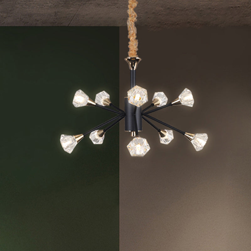 Pyramid Crystal Sputnik Semi Flush Mounture Modern 10 cabezas Lámpara de techo de sala de estar en negro
