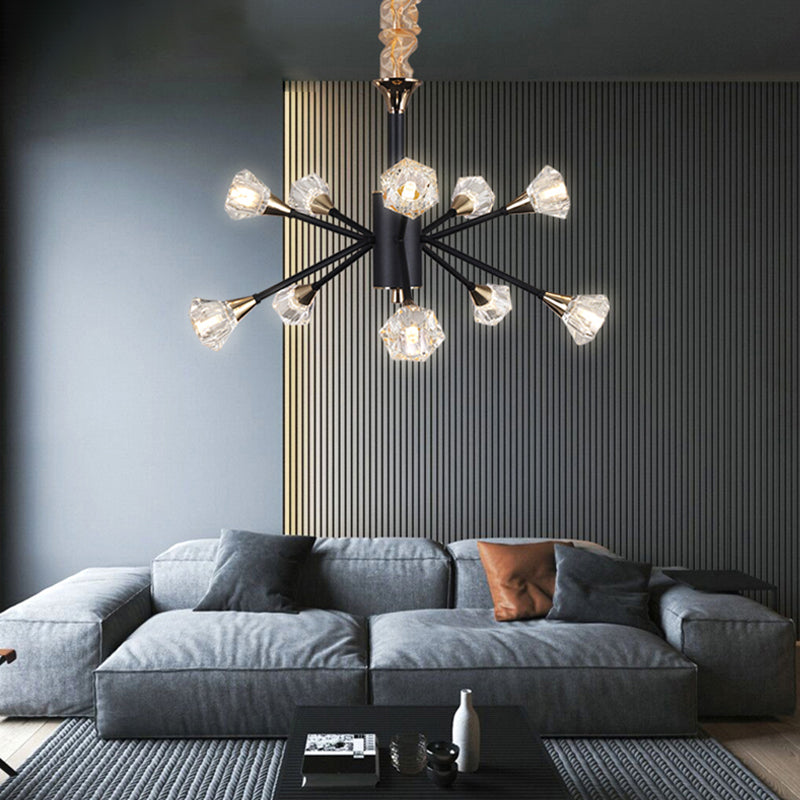 Pyramid Crystal Sputnik Semi Flush Mounture Modern 10 cabezas Lámpara de techo de sala de estar en negro