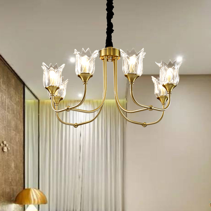 Flor de vidrio transparente luz posmoderna 6 cabezas comedor lámpara lámpara en oro