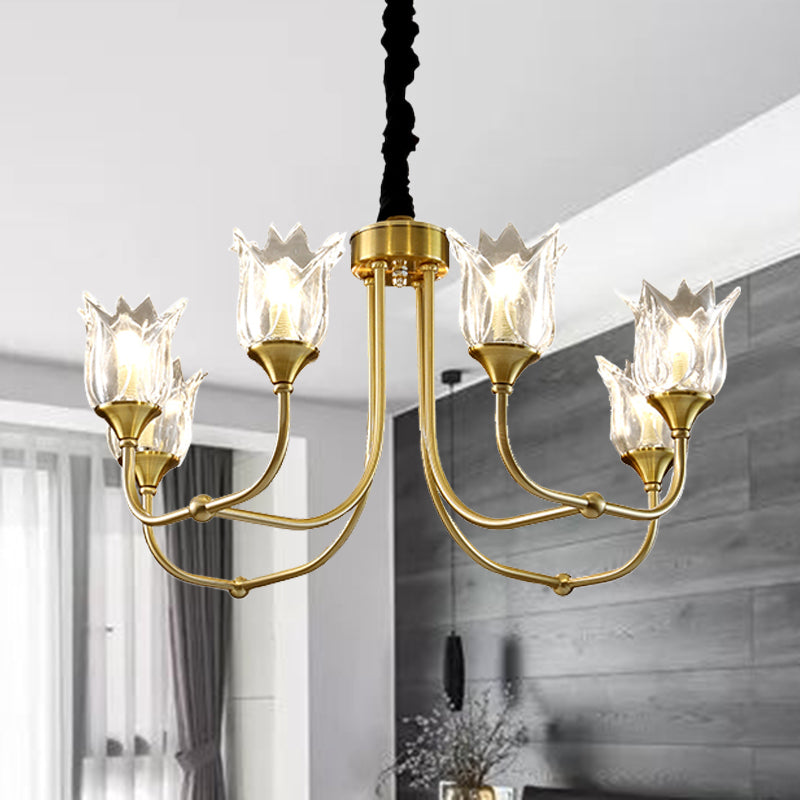 Flor de vidrio transparente luz posmoderna 6 cabezas comedor lámpara lámpara en oro
