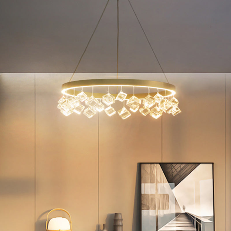 Metal Gold colgante colgante anillo LED LED Postmoderno Candelier en luz cálida/blanca con caída de cristal cúbico
