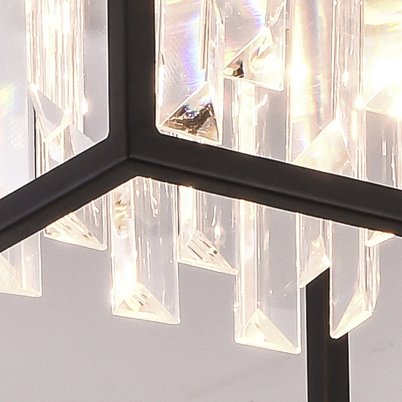 Black Square Suspension Lighting Modernism Three Sided Crystal Rod 2 Heads Corridor Pendant Chandelier