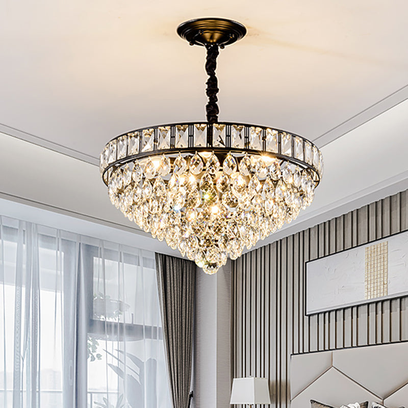 6 Heads Tapered Pendant Light Fixture Simple Style Black Teardrop Crystal Chandelier Light