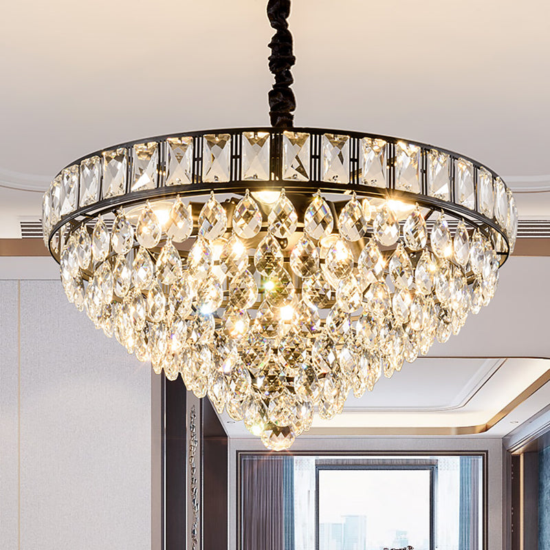 6 Heads Tapered Pendant Light Fixture Simple Style Black Teardrop Crystal Chandelier Light