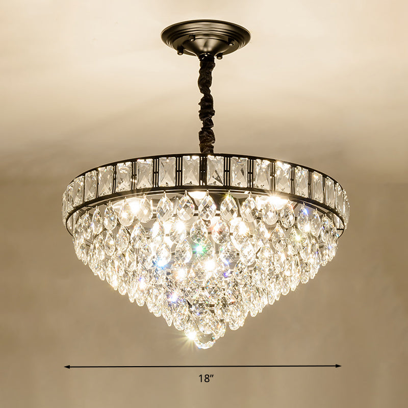 6 Heads Tapered Pendant Light Fixture Simple Style Black Teardrop Crystal Chandelier Light