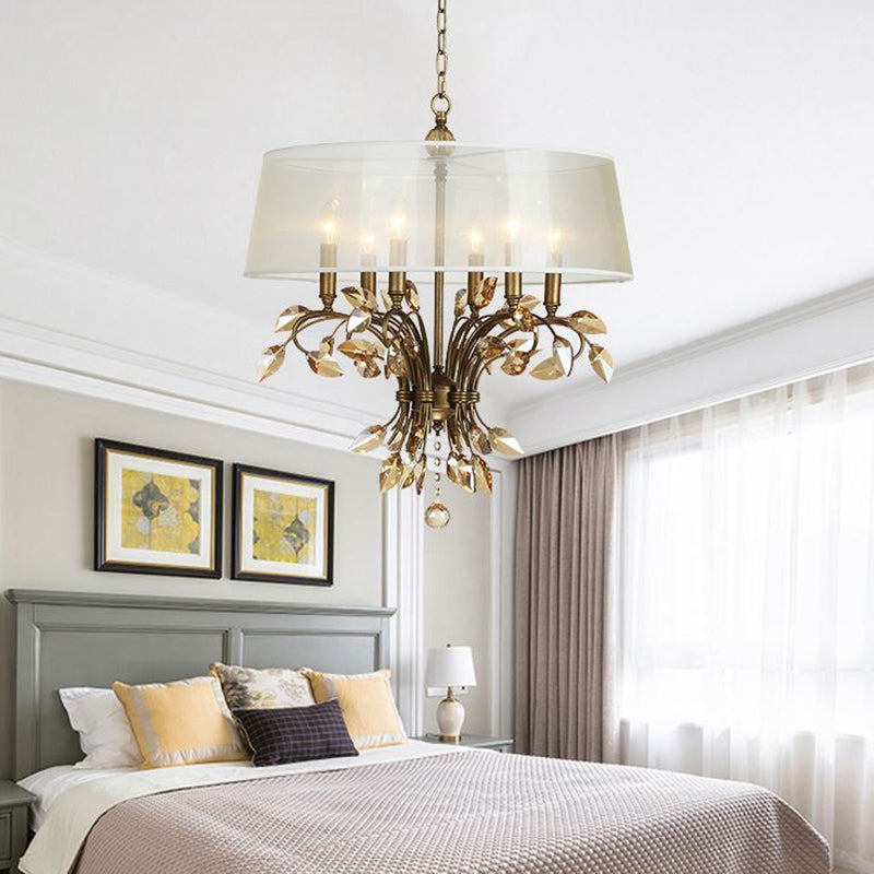 Drum Fabric Suspension Lamp Contemporary 6 Heads Living Room Chandelier Light Fixture in Brass