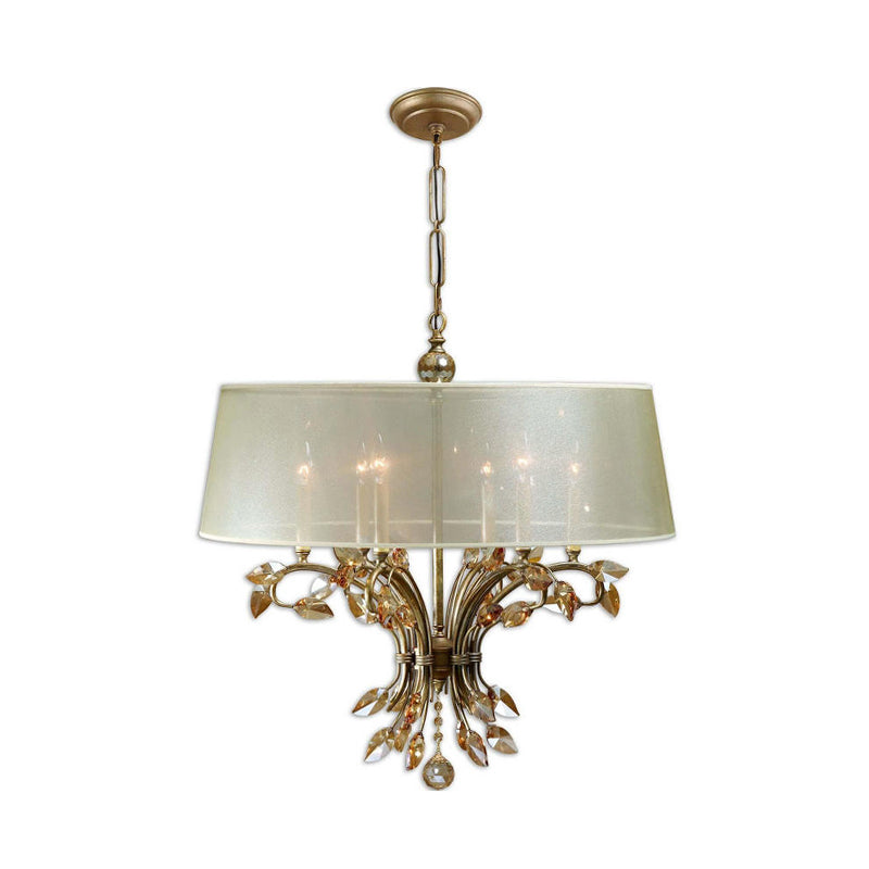 Drum Fabric Suspension Lamp Contemporary 6 Heads Living Room Chandelier Light Fixture in Brass