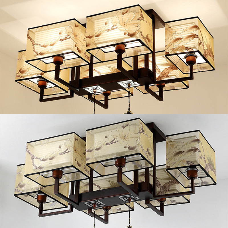 Braune Halbflush -Mount -Lampe Traditioneller Stil Schmiedeeisen Deckenleuchte mit quadratischem Stoff Schatten