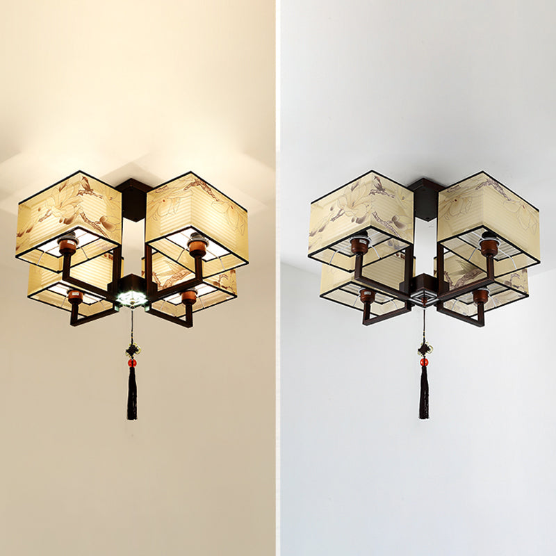 Braune Halbflush -Mount -Lampe Traditioneller Stil Schmiedeeisen Deckenleuchte mit quadratischem Stoff Schatten