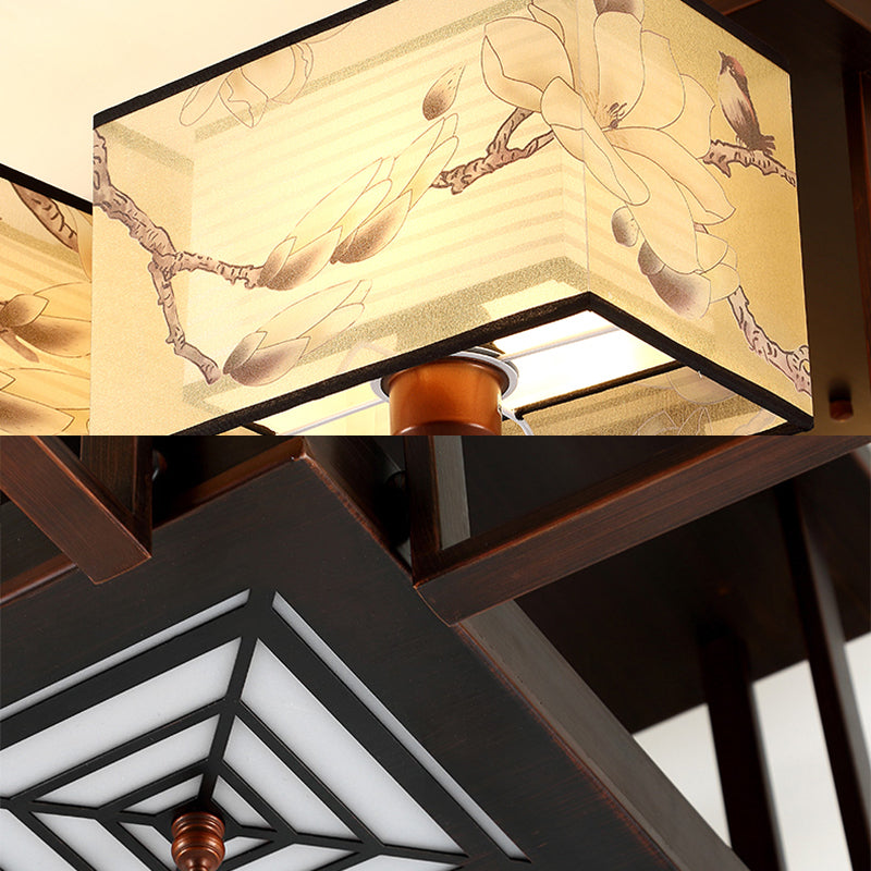 Braune Halbflush -Mount -Lampe Traditioneller Stil Schmiedeeisen Deckenleuchte mit quadratischem Stoff Schatten