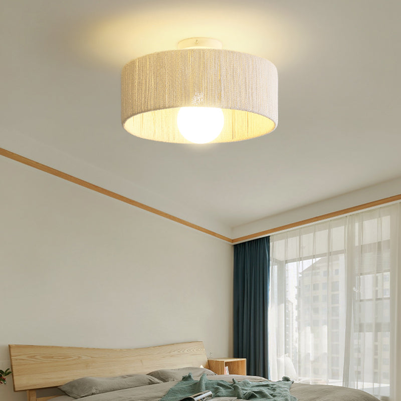 Rattan Fiber 1 Light Semi Flush Mount Ceiling Light Round Asia Semi Flush Mount Chandelier for Bedroom