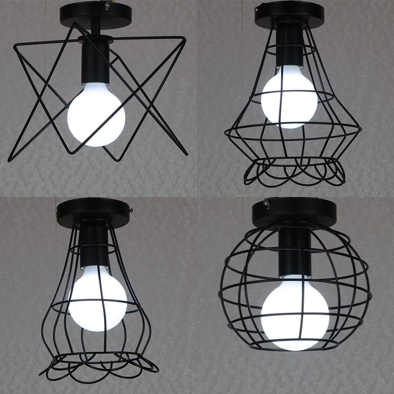Black 1-Light Semi Flush Ceiling Light in Industrial Vintage Style Wrought Iron Flush Mount with Iron Frame