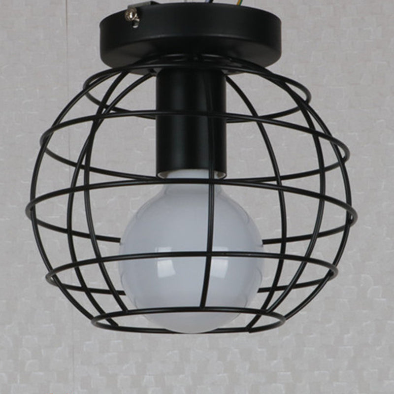 Black 1-Light Semi Flush Ceiling Light in Industrial Vintage Style Wrought Iron Flush Mount with Iron Frame