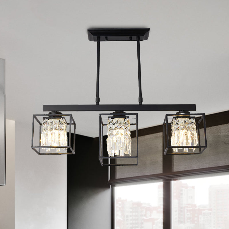 Tri-Sided Crystal Rod Black Hanging Ceiling Light Square 3/4 Heads Contemporary Island Lamp