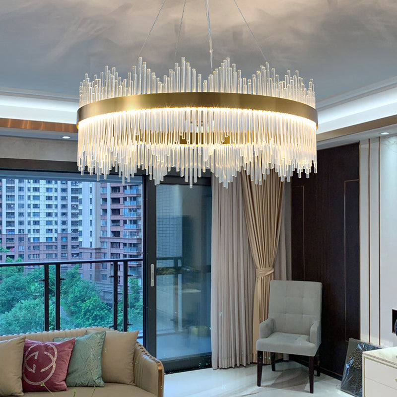 Modern Simplicity Drum Pendant Chandelier Clear Crystal Glass Hanging Light Fixture for Living Room
