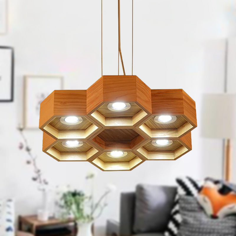 Honeycomb Wood Chandelier Light Contemporary 6 Heads Beige Hanging Pendant Light