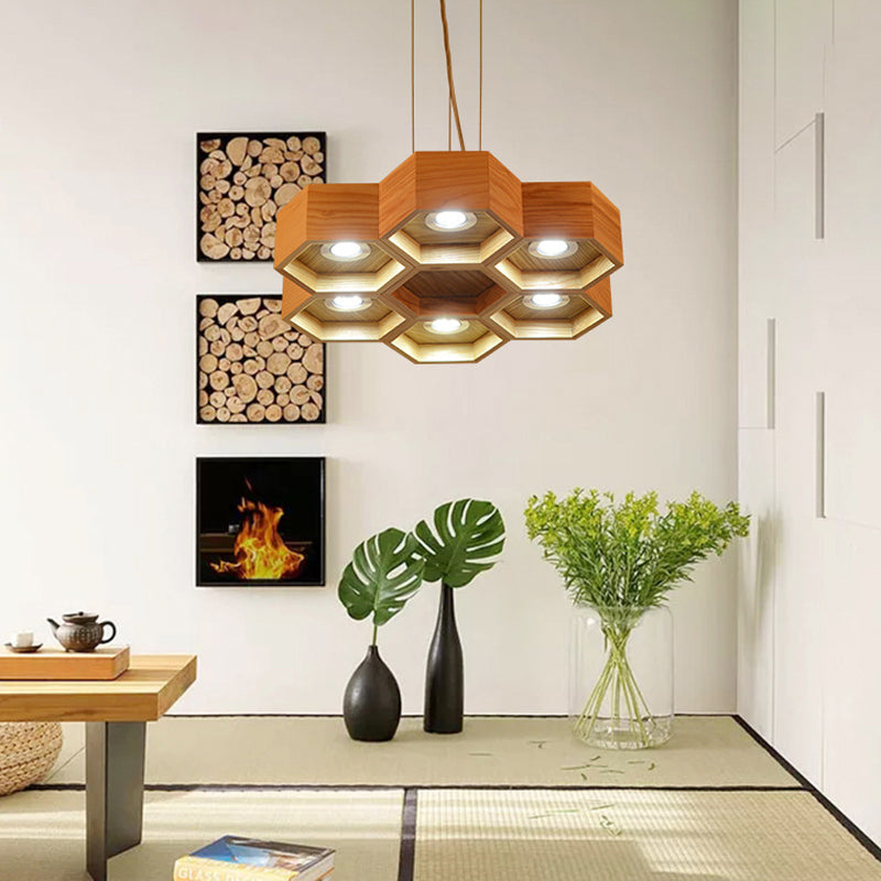 Honeycomb Wood Chandelier Light Contemporary 6 Heads Beige Hanging Pendant Light