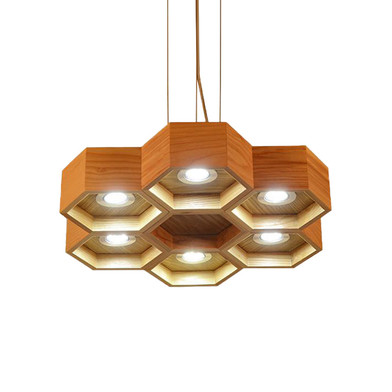 Honeycomb Wood Chandelier Light Contemporary 6 Heads Beige Hanging Pendant Light