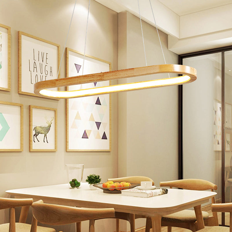 Beige Oval Ceiling Pendant Light Nordic Wood LED Chandelier Lighting Fixture for Dining Room, 27.5"/35.5" Wide