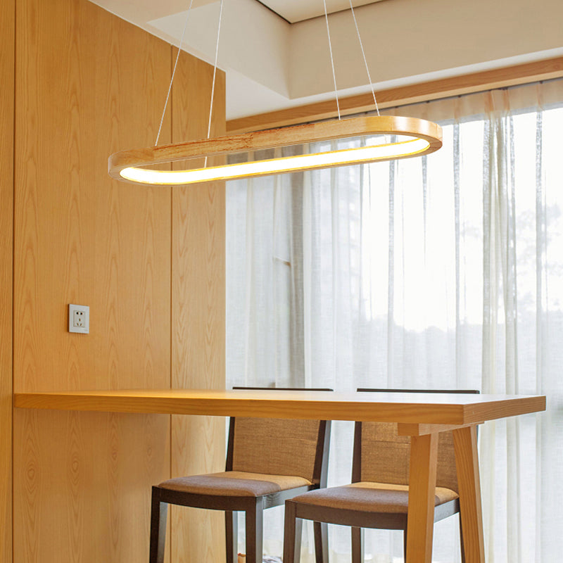 Beige Oval Ceiling Pendant Light Nordic Wood LED Chandelier Lighting Fixture for Dining Room, 27.5"/35.5" Wide