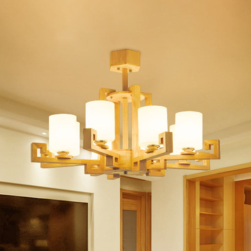 6 Heads Dining Room Ceiling Chandelier Modernism Beige Hanging Lamp Kit with Cylinder White Glass Shade