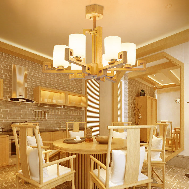6 têtes salle à manger plafonnier lustre modernisme kit de lampe suspendue beige avec cylindre une nuance en verre blanc