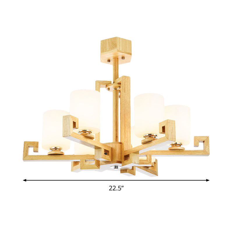 6 Heads Dining Room Ceiling Chandelier Modernism Beige Hanging Lamp Kit with Cylinder White Glass Shade