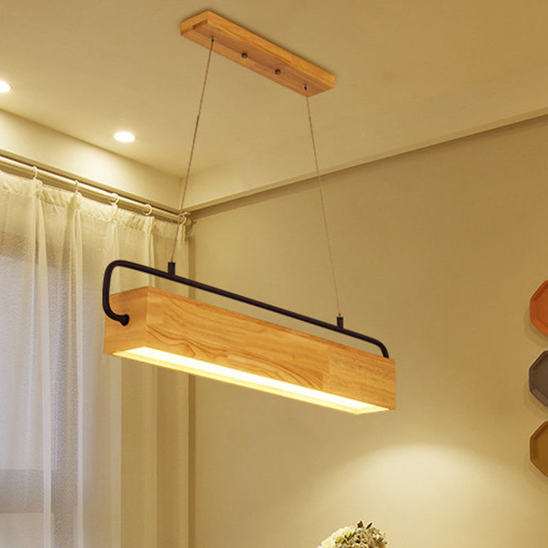 27.5 "/35.5" brede rechthoek houten hangende kroonluchter moderne beige led hanglichtkit in warm licht voor eetkamer