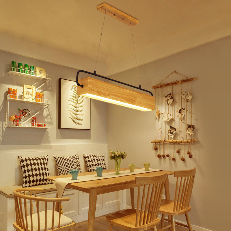 27,5 "/35,5" breites rechteckiges Holz hängender Kronleuchter moderner beige LED -Anhänger Lichtkit im warmen Licht für Esszimmer