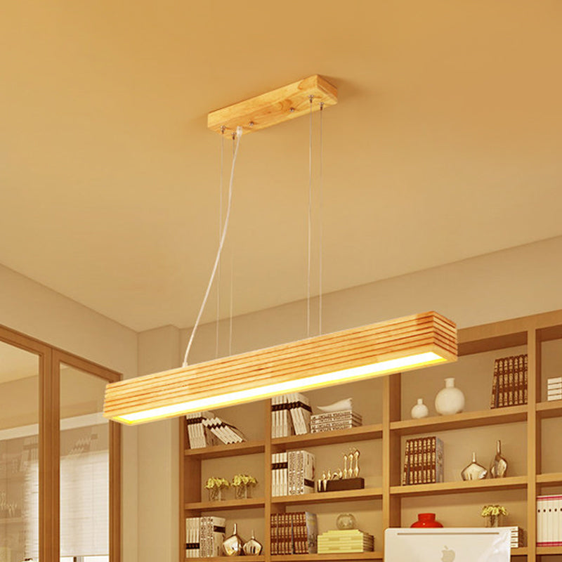 Linear Hanging Lamp Kit Contemporary Wood LED Beige Chandelier Light in White/Natural Light