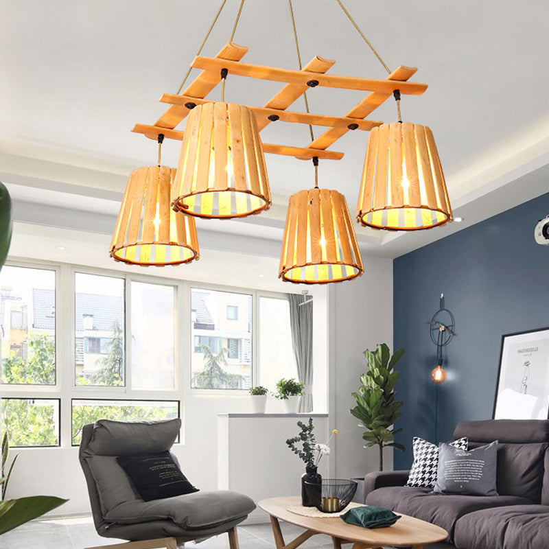 Beige Barrel Pendant Chandelier Modern 4 Lights Wood Hanging Ceiling Light for Bedroom