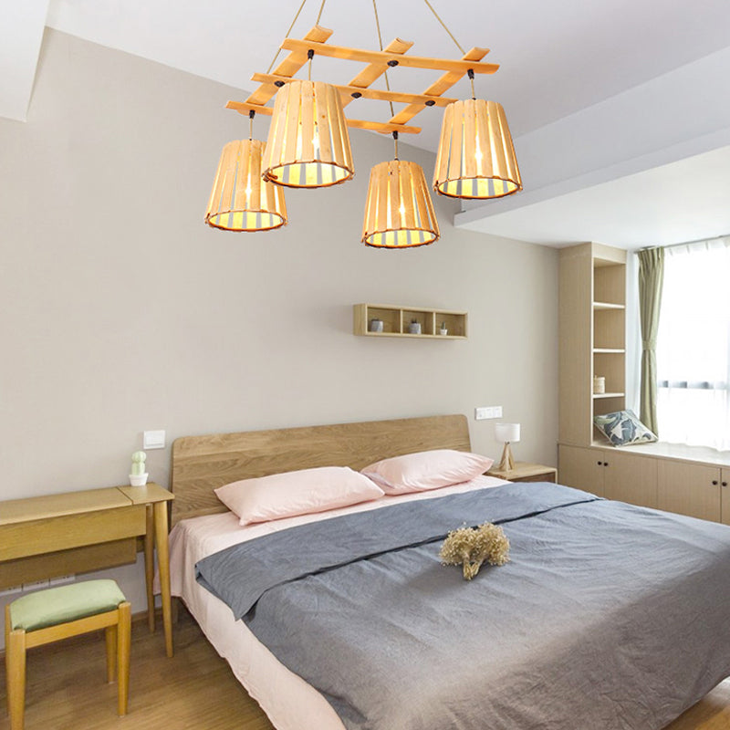 Beige Fass Anhänger Kronleuchter moderner 4 Lichter Holzhänge Deckenleuchte für Schlafzimmer